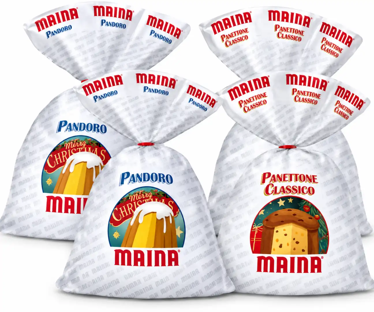 4 Pezzi Maina Pandoro 700g + Panettone Classico 700g 2+2 Dolci Natale Cellophane