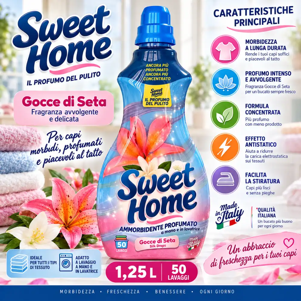 12 Pezzi Sweet Home Ammorbidente Gocce Seta 1,25L 50 Lavaggi Cad Totale 15 Litri