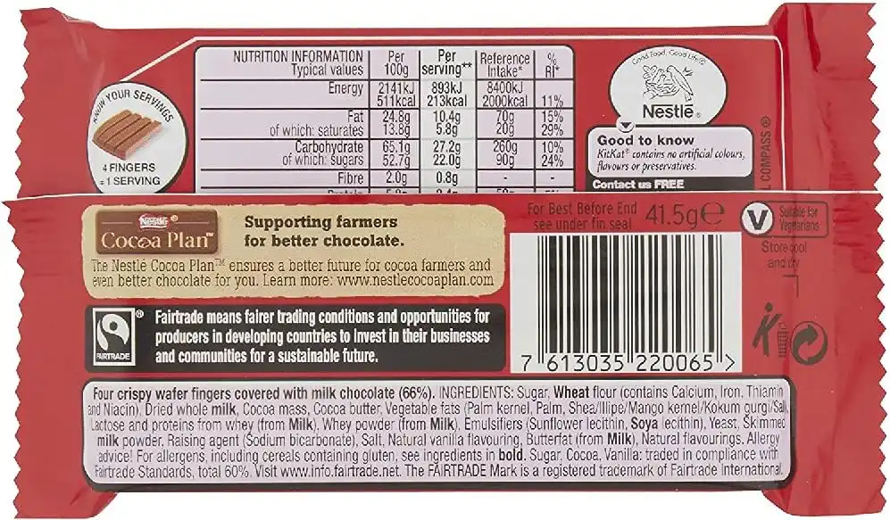 24 Pezzi KitKat 41,5g Wafer Ricoperti Cioccolato al Latte Snack Bar Totale 996 g