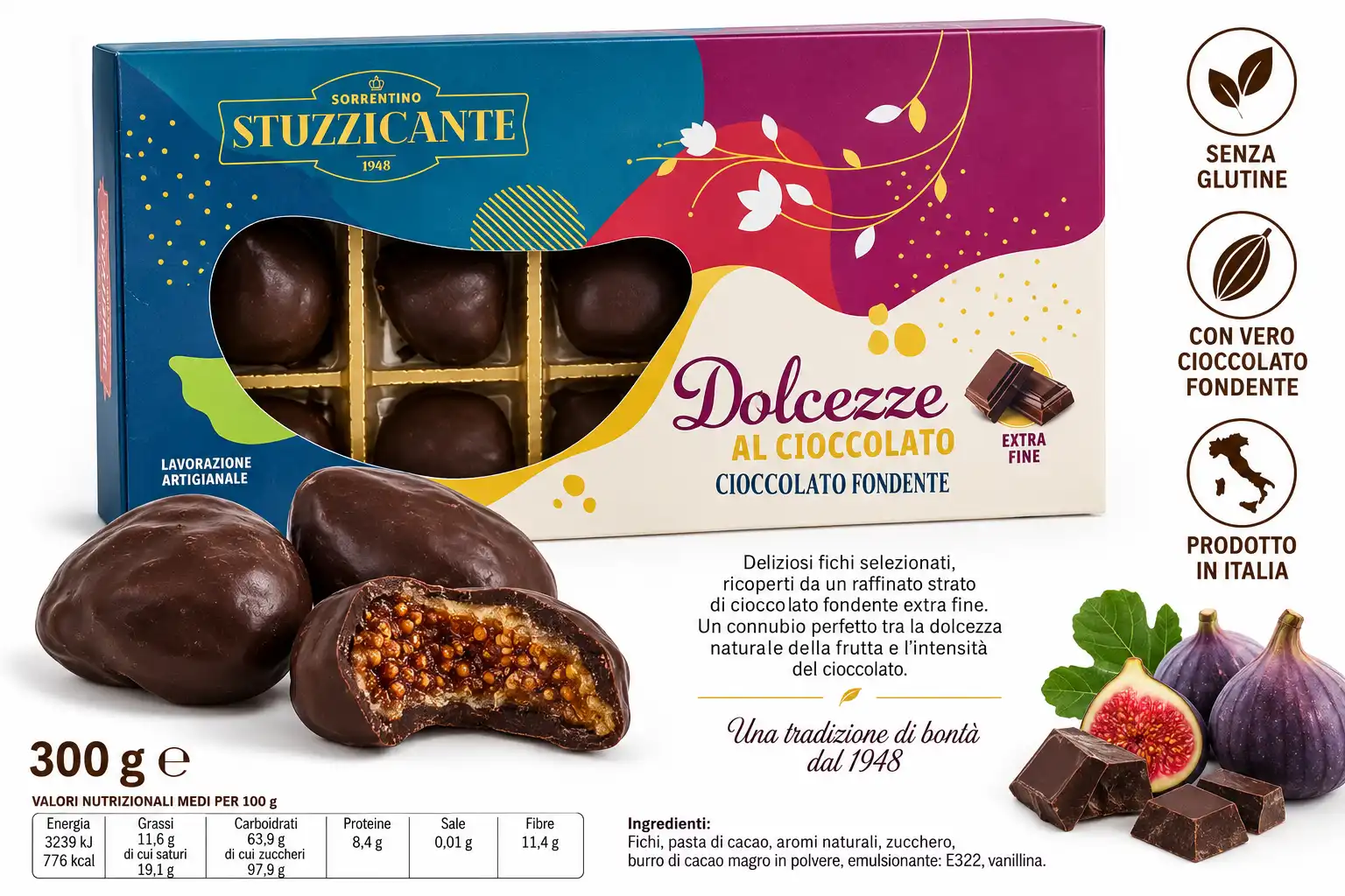2 Pezzi Fichi Ricoperti Di Cioccolato Fondente 300g Cadauno Dolci Artigianali