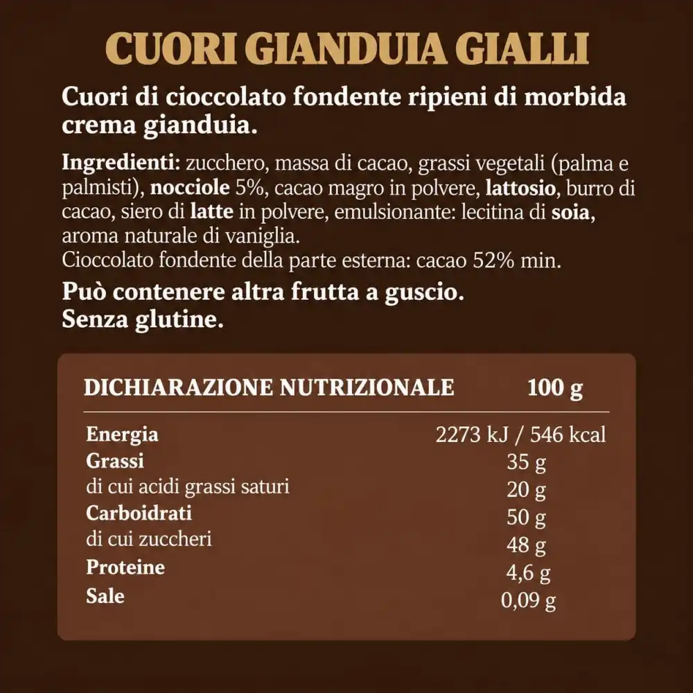 1 Kg Cuori Gialli Gianduia Cioccolatini Fondenti Ripieni La Suissa Senza Glutine