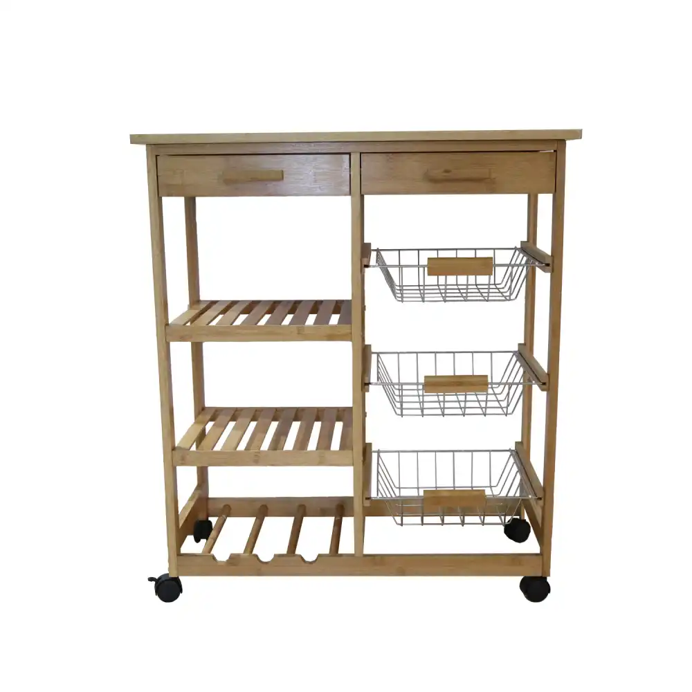 Carrello da Cucina con Ruote 2 Cassetti e Portabottiglie in Legno Bambu' Bamboo