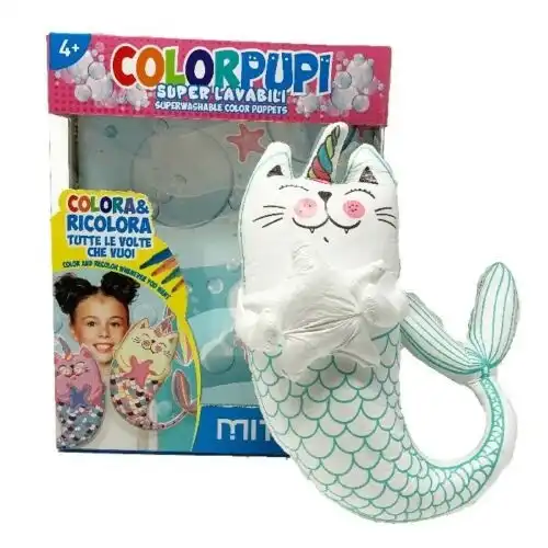 Gioco Bambini Gatto Sirena Superlavabile Colora e Ricolora + 4 Pennarelli Jumbo