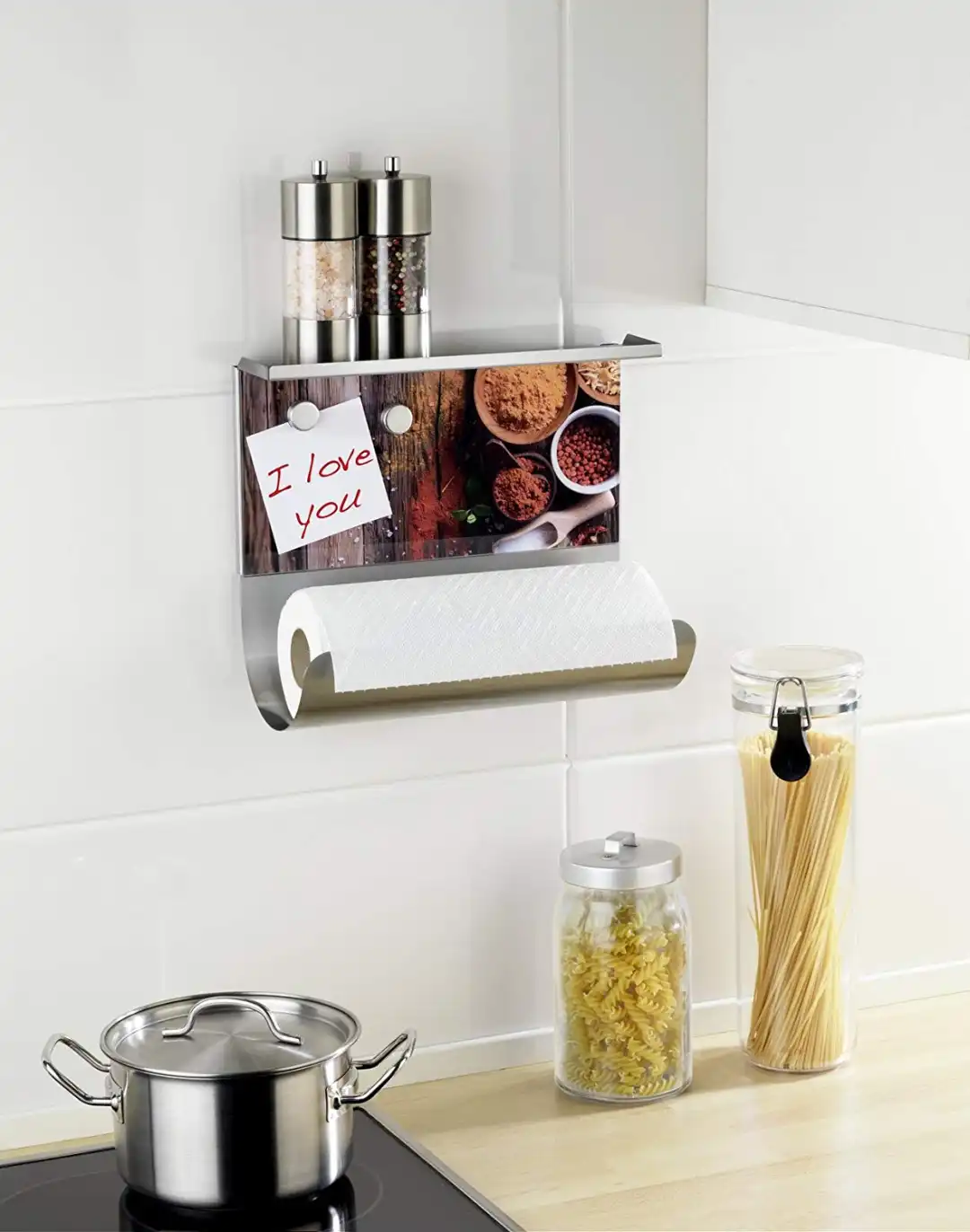 Porta Rotolo Doppio da Cucina Magnetico Con Spezie e Dispenser Per Pellicola