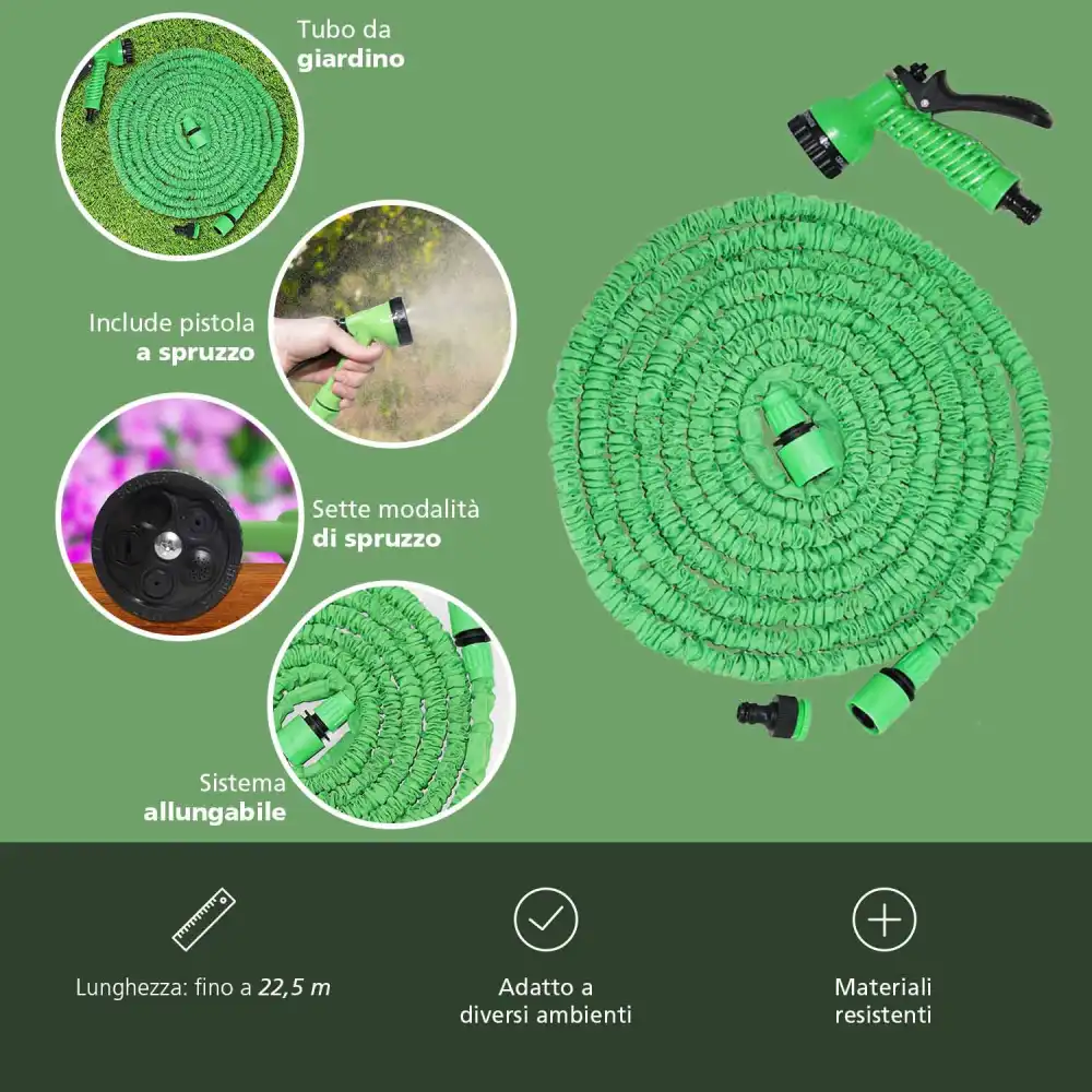 Tubo da Giardino Estensibile Pompa Acqua Terrazzo 22,5mt con Pistola 7 Funzioni