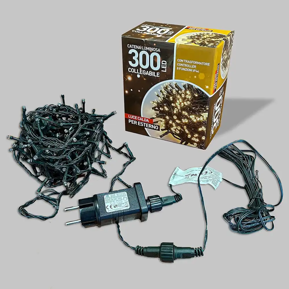 Catena Luminosa 300 Led Natalizia Luci Natale Bianco Caldo 10 Metri 8 Funzioni