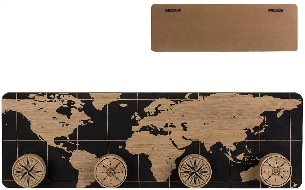 Appendiabiti da Parete in Legno Stile Retro' 4 Ganci Mappa del Mondo 39x13cm