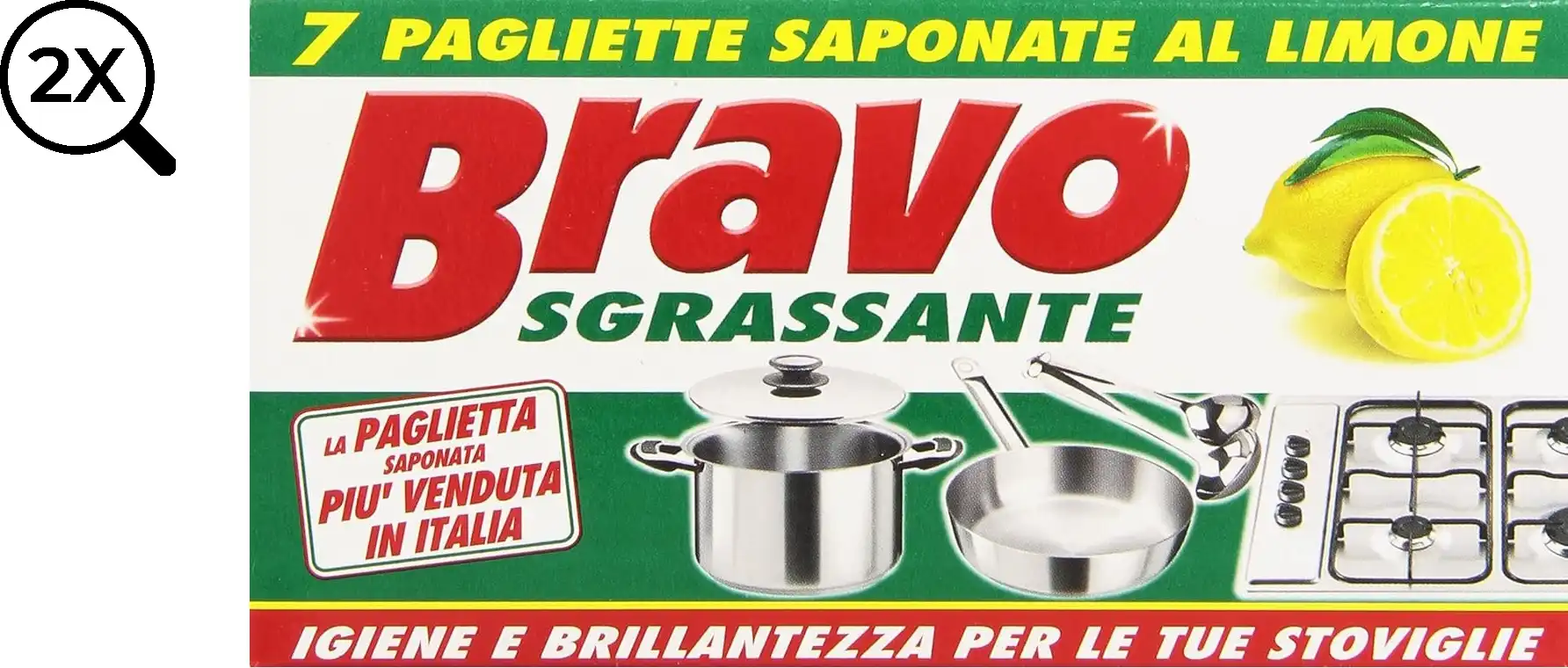 2x Bravo Detergente Sgrassante al Limone Pagliette Saponate 2x7 Totale 14 Pezzi