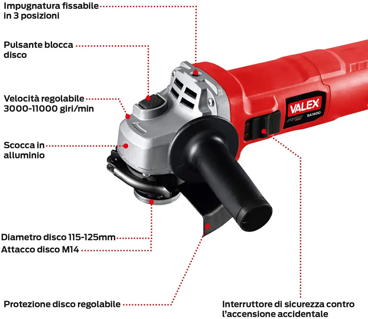 Smerigliatrice Angolare SA1600 115/125 mm 1600W Con Pulsante Blocca Disco