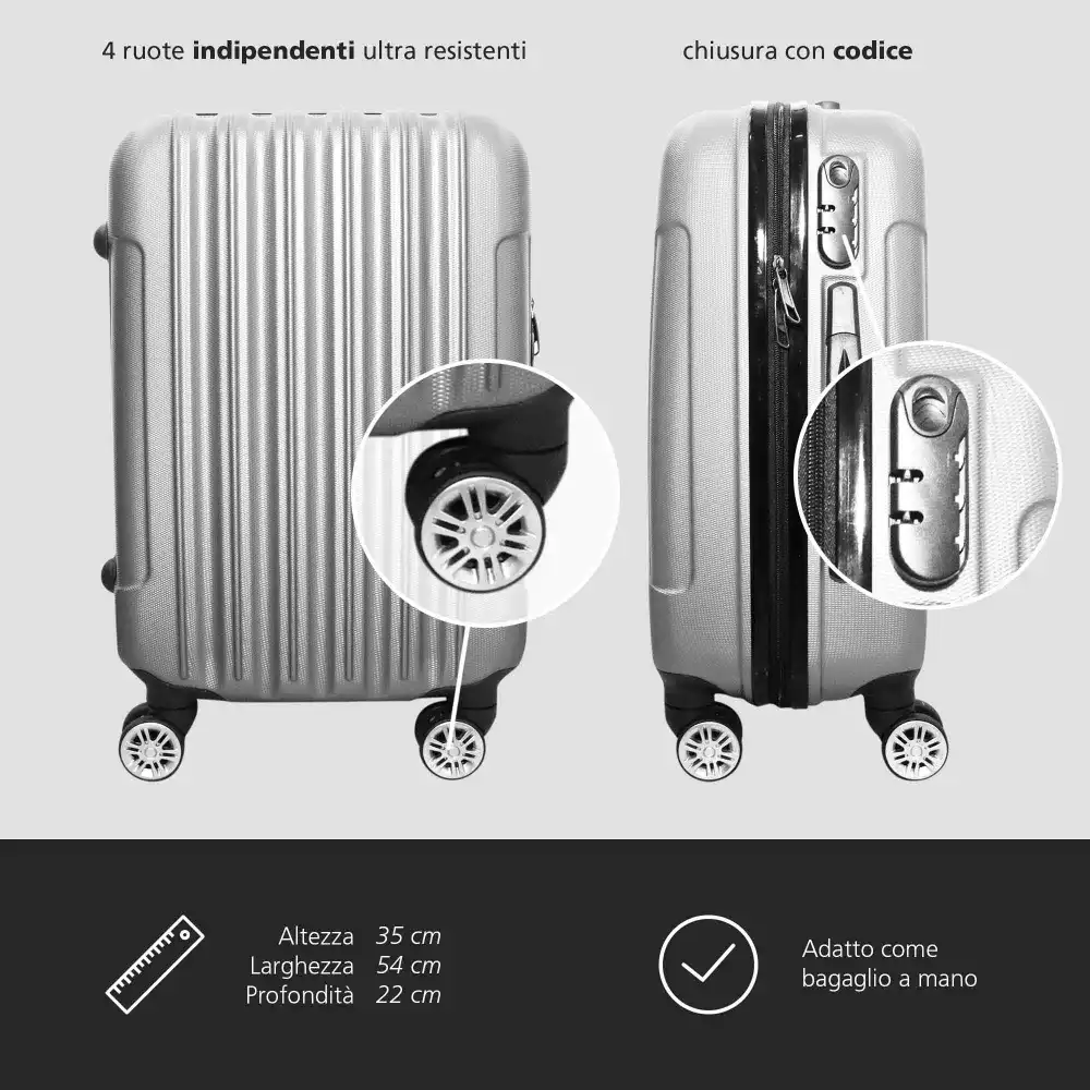 Trolley Rigido Da Viaggio Bagaglio a Mano Grigio Voli Ryanair EasyJet 55x35x23cm