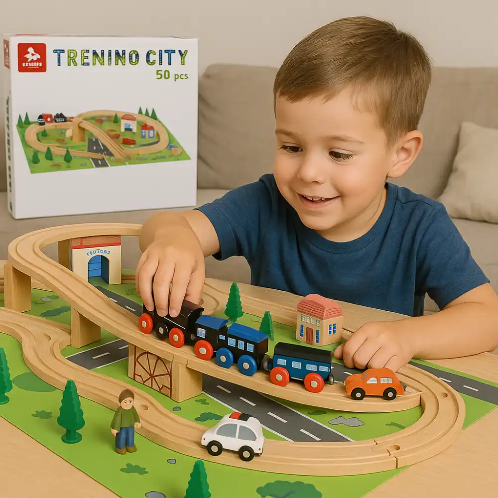 Costruzioni Trenino City Citta' 50 Pezzi In Legno Con Tappetino E Accessori