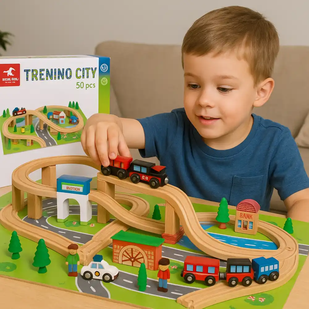 Costruzioni Trenino City Citta' 50 Pezzi In Legno Con Tappetino E Accessori