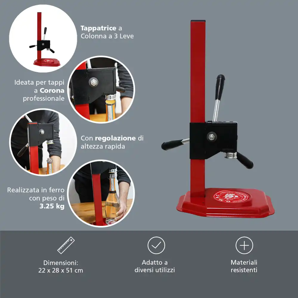 Tappatrice a Colonna a 3 Leve Con Cremagliera Per Tappi a Corona Professionale
