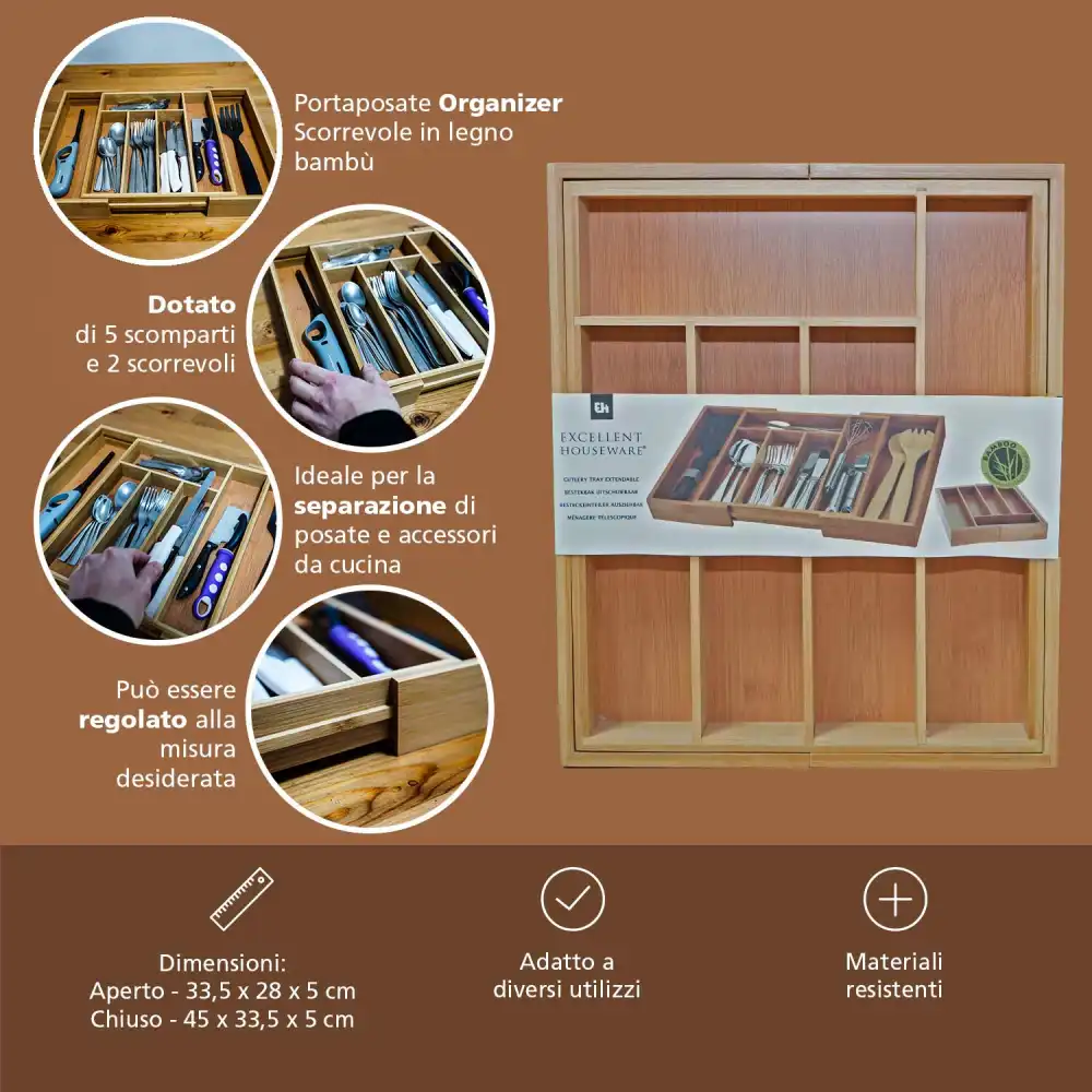 Portaposate Organizer per Cassetto in Bambu' Allungabile da 38x28 a 40x50cm