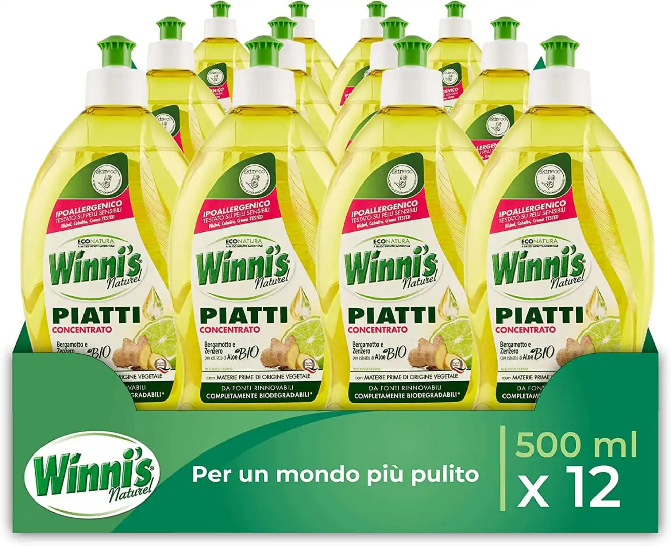 Set12pz di Winni's Detersivo Piatti Concentrato da 500ml Bergamotto e Aloe