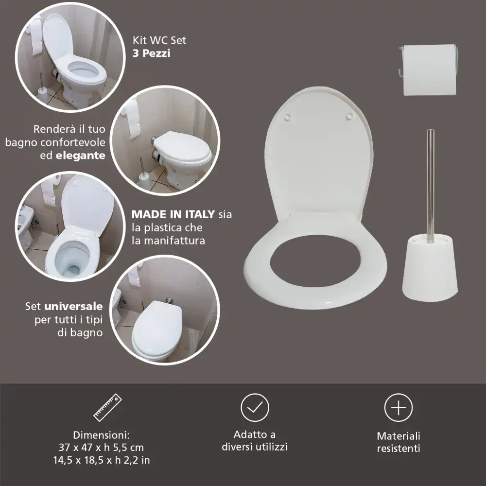 Kit WC Set 3 Pezzi Copriwater Universale Porta Scopino e Portarotolo Bianco