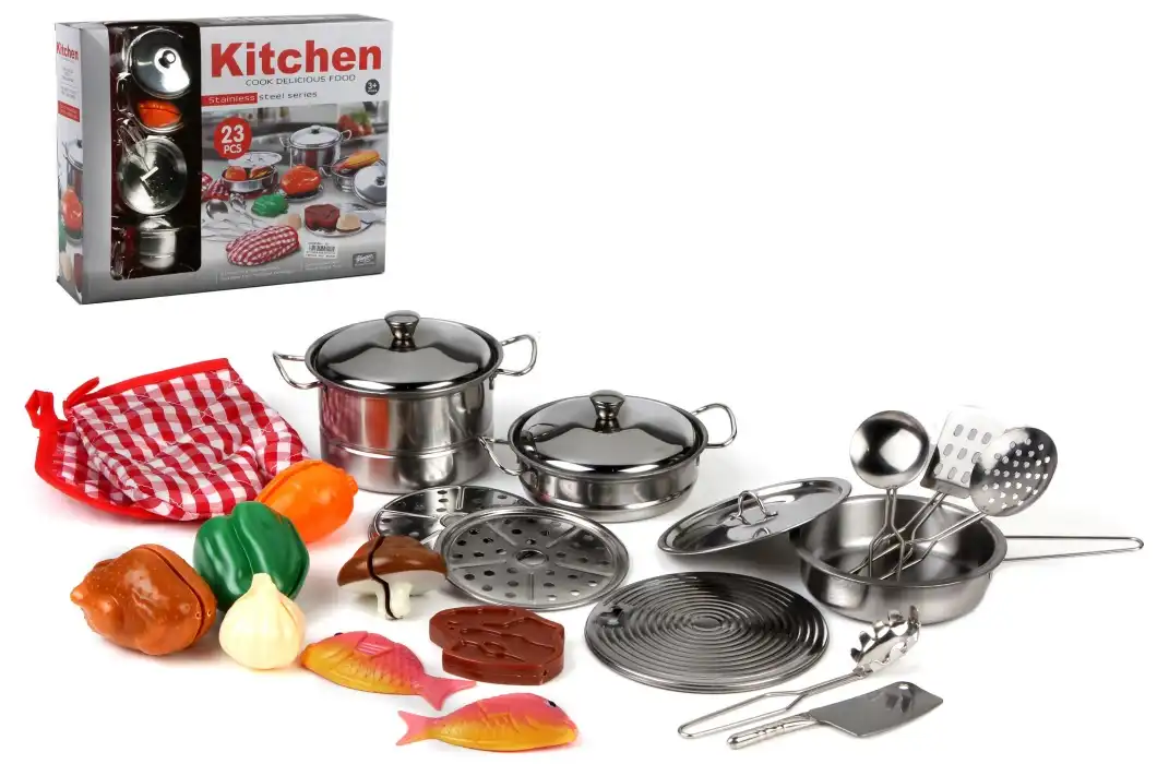 Set Cucina Giocattoli Per Bambini In Metallo 23pz Con Pentole Mestoli e Guanto