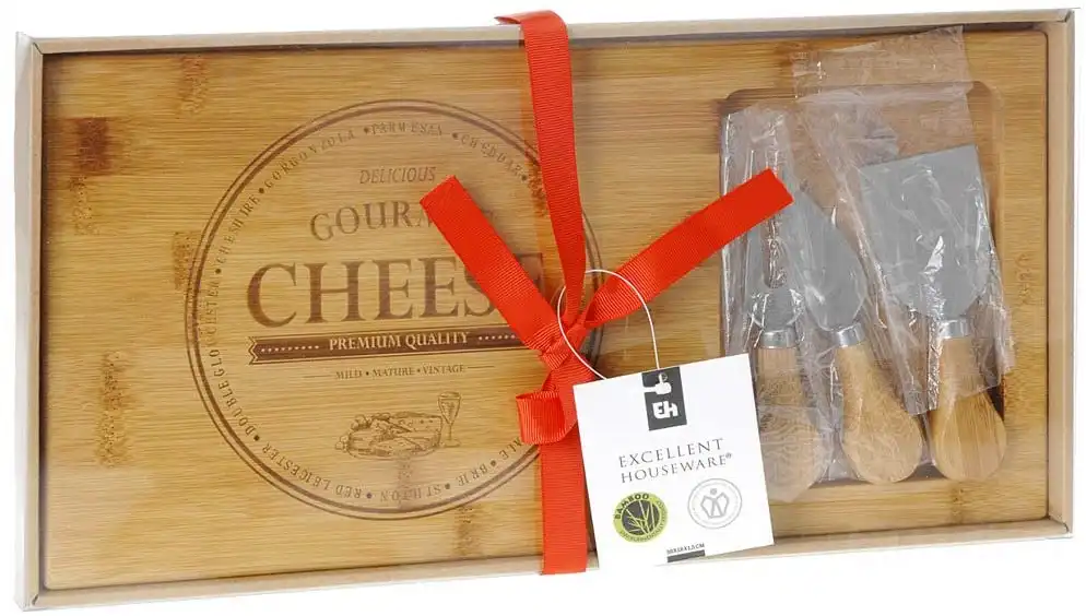 Tagliere Per Formaggio in Legno Bambu' 38x18cm Con 3 Coltelli Formaggi Acciaio