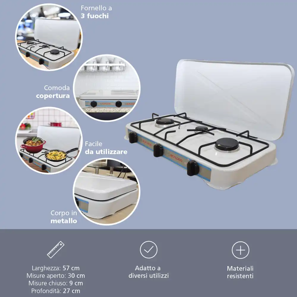 Fornello Gas Gpl 3 Fuochi Bianco Fornellino da Campeggio Cucina Portatile 57x27