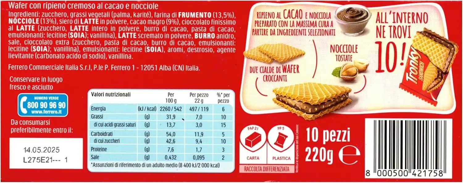 6 Confezioni Ferrero Tronky Sandwich T10 225g Wafer Ripieno Cacao Nocciole