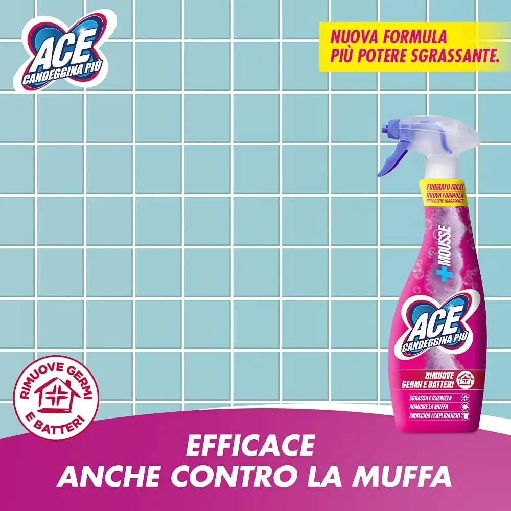 ACE Candeggina Piu' Spray Mousse 800 ml Rimuove Germi e Batteri