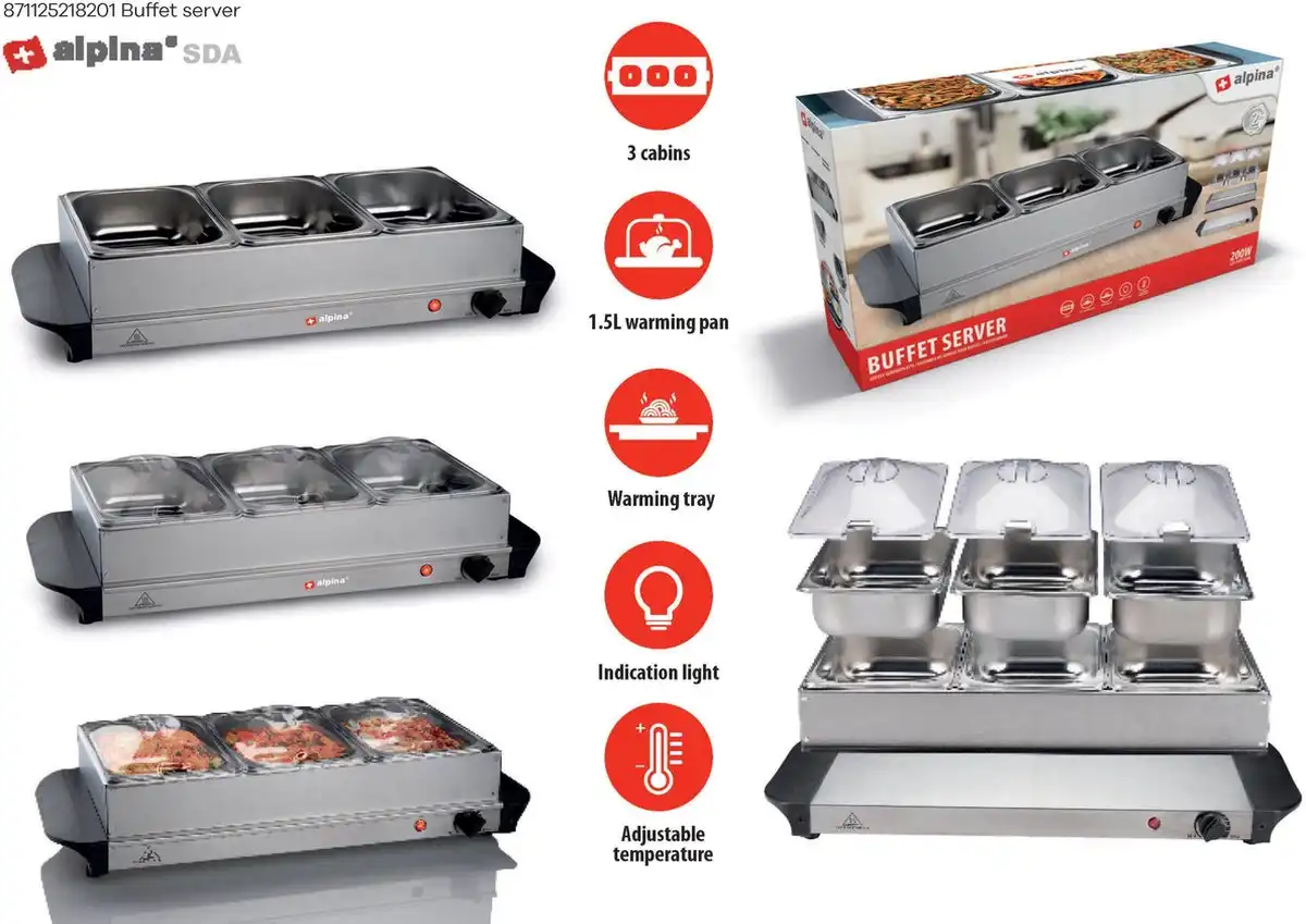 Scaldavivande Elettrico 200W Per Buffet con 3 Scomparti in Acciaio 26x11x57cm