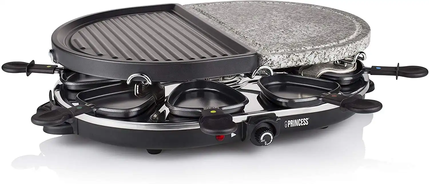 Grill Raclette Oval con Piastra in Pietra Ollare Per 8 Persone con 8 Padelline