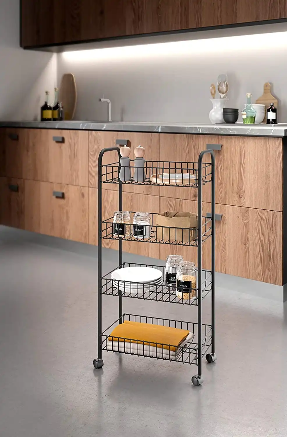Carrello salvaspazio carrellino scaffale cucina bagno ripostiglio 4 ripiani nero
