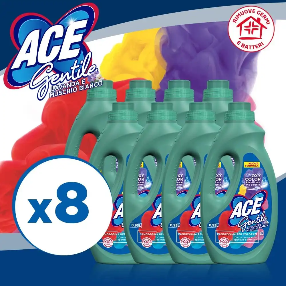 8x Ace Gentile Candeggina Delicata Lavanda e Muschio Bianco in Flaconi da 0,95lt