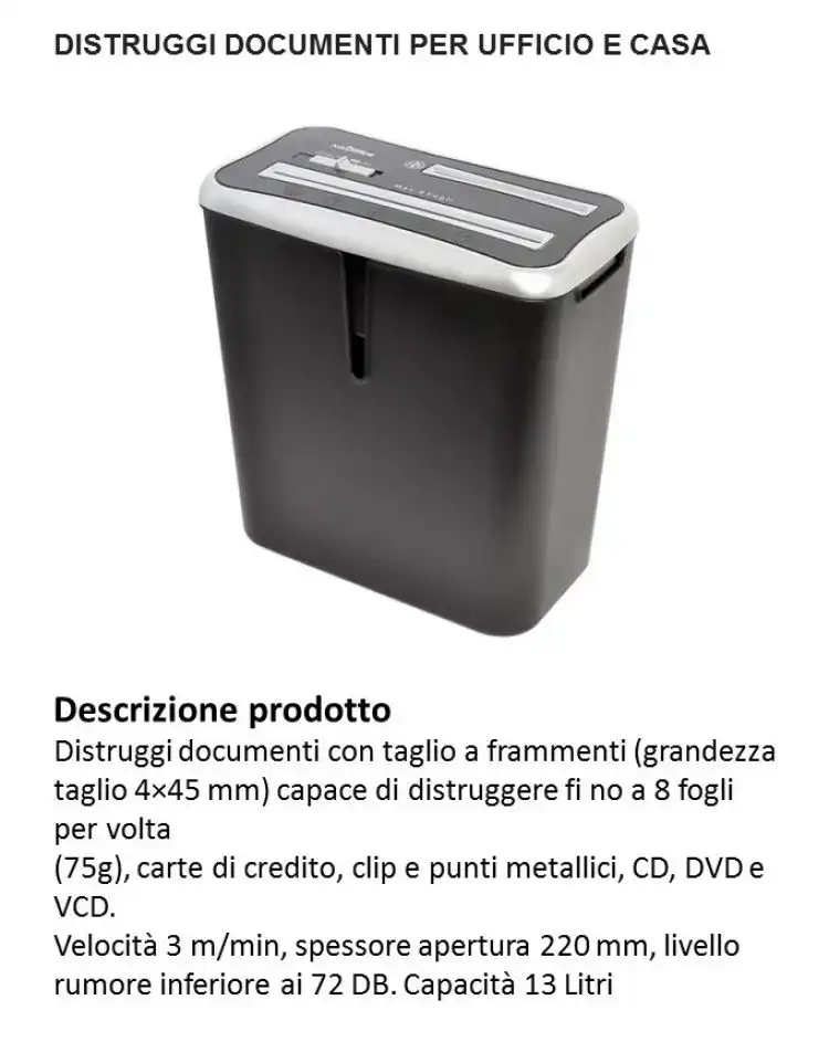 Distruggi Documenti da ufficio per Distruggere Fogli CD Bancomat 8 Fogli