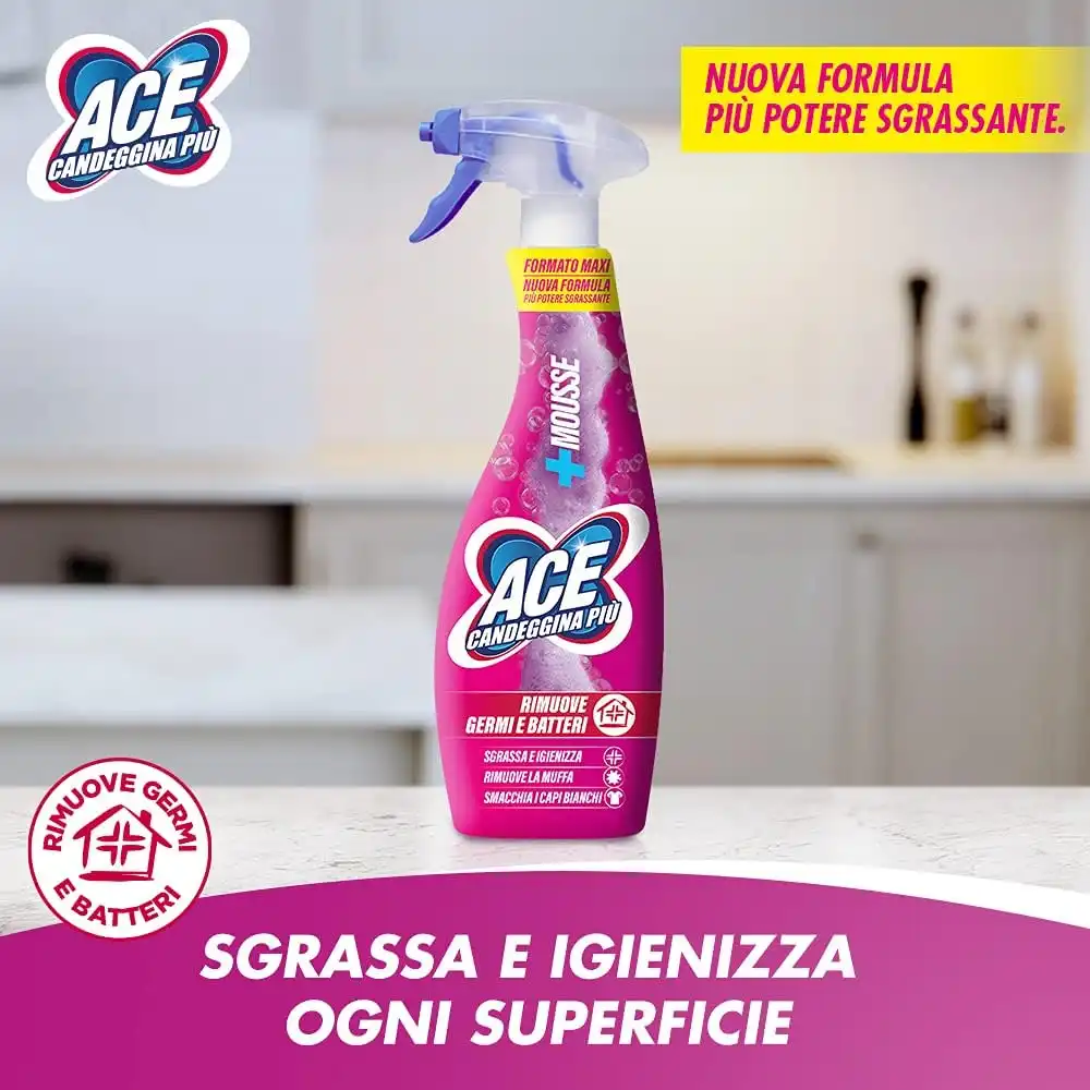 ACE Candeggina Piu' Spray Mousse 800 ml Rimuove Germi e Batteri