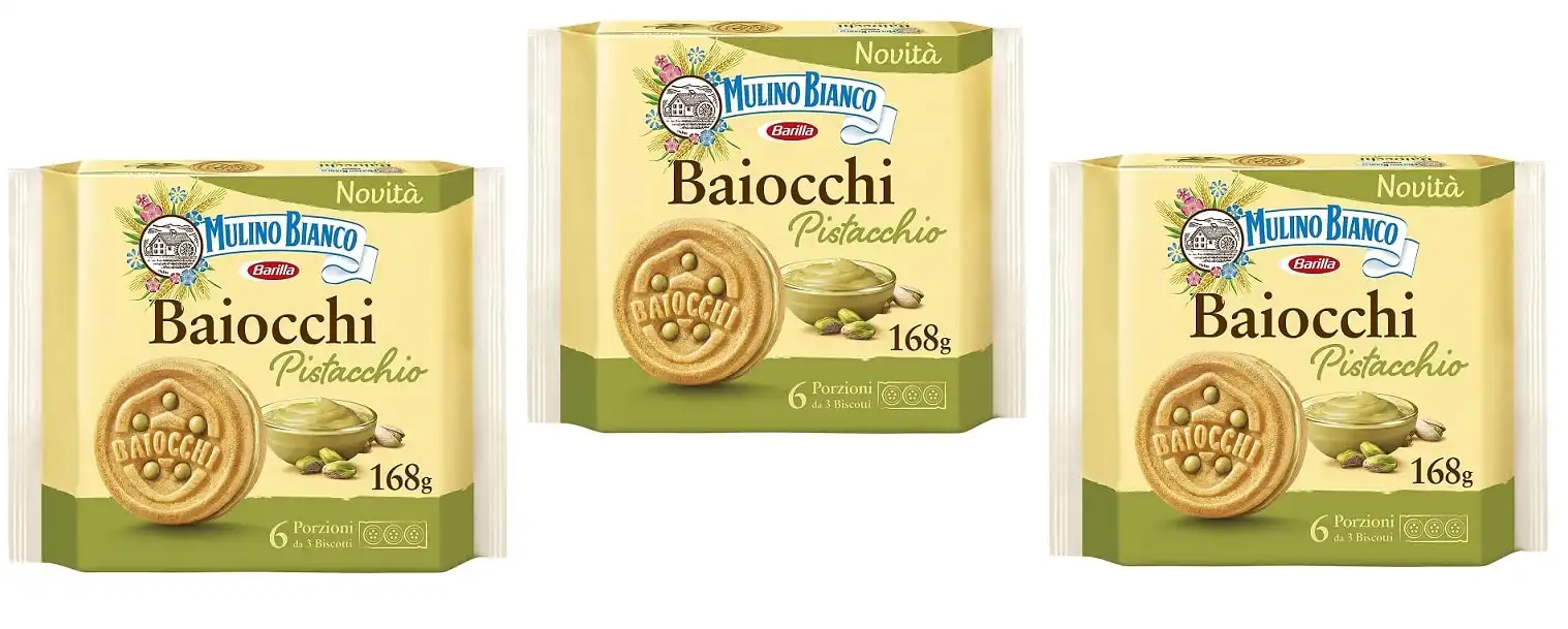 3 Confezioni Barilla Mulino Bianco Biscotti Frollini Baiocchi Pistacchio 168gr