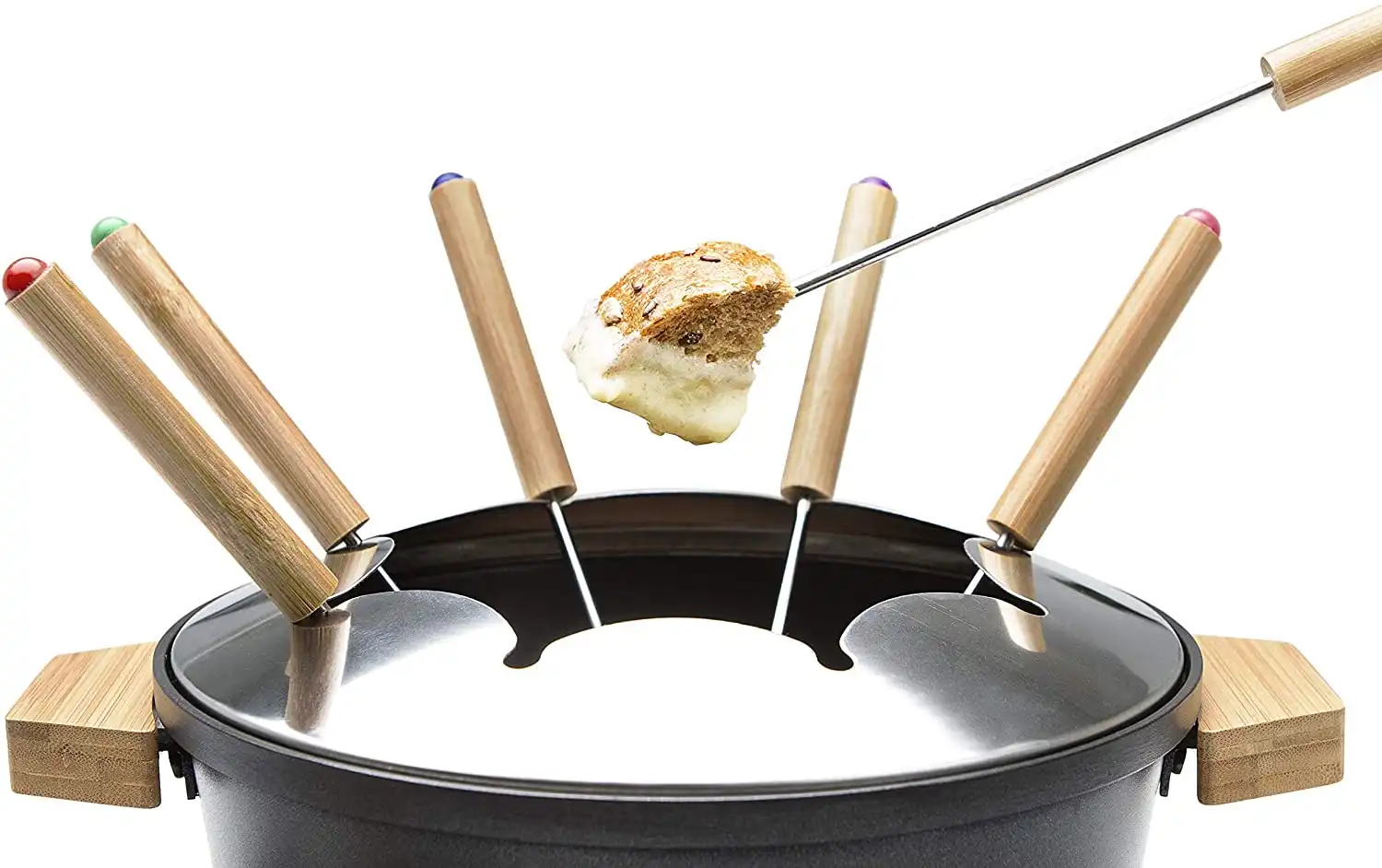 Set Per Fonduta Pure Nero Supporto in Bambu' 800W in Alluminio Con Forchette