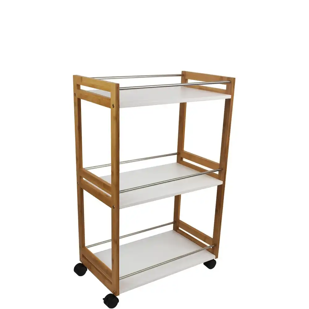 Carrello Carrellino da Cucina in Legno 3 Mensole Ripiano e 4 Ruote 51X30X80cm