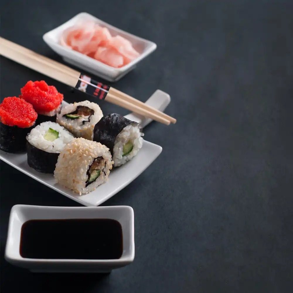 Set 10 Pezi Sushi Cibo Giapponese Con Vassoio In Ardesia Bacchette e Ciotole