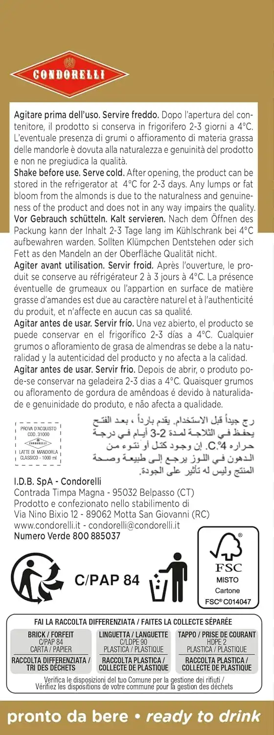 Condorelli Latte di Mandorla Classico Mandorle Italiane 6 Brik da 1 Litro
