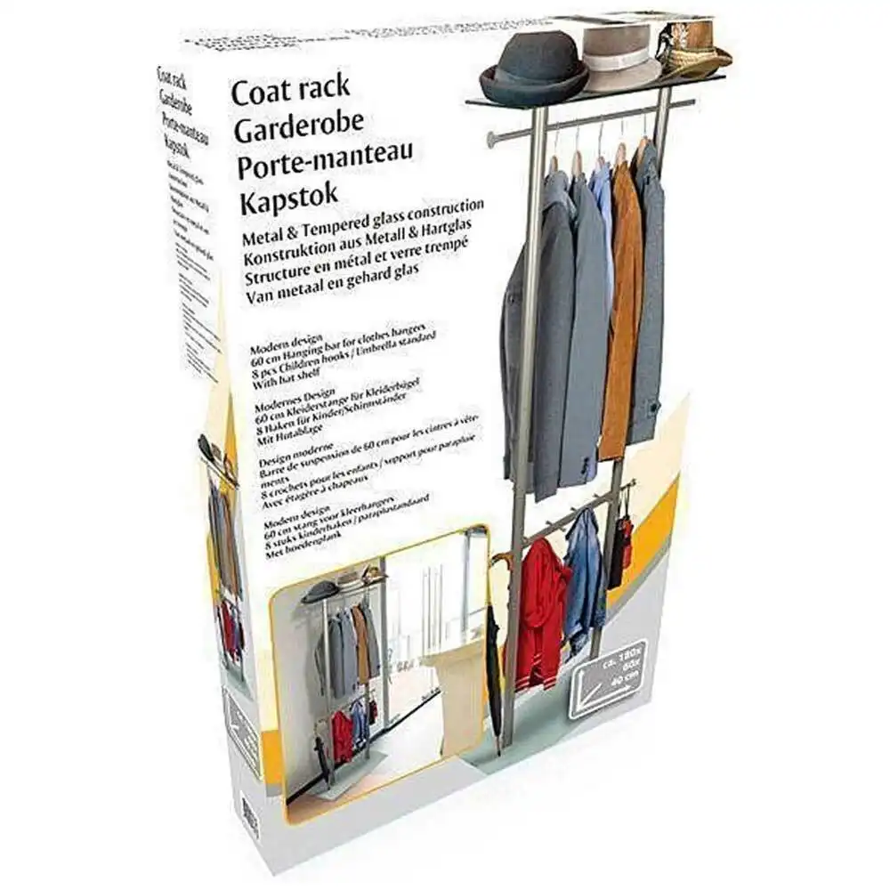 Stand Appendiabiti in Metallo e Base Vetro 8 Ganci Portaombrelli Scarpe Cappelli