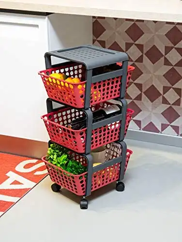 Carrello Carrellino da Cucina Cestino Porta Frutta Plastica 3 Ripiani Terracotta