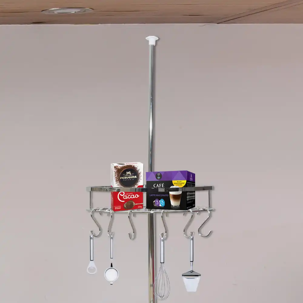 Mensola Ad Angolo Con Barra Telescopica Per Da Cucina e 6 Ganci Mensole Scaffale