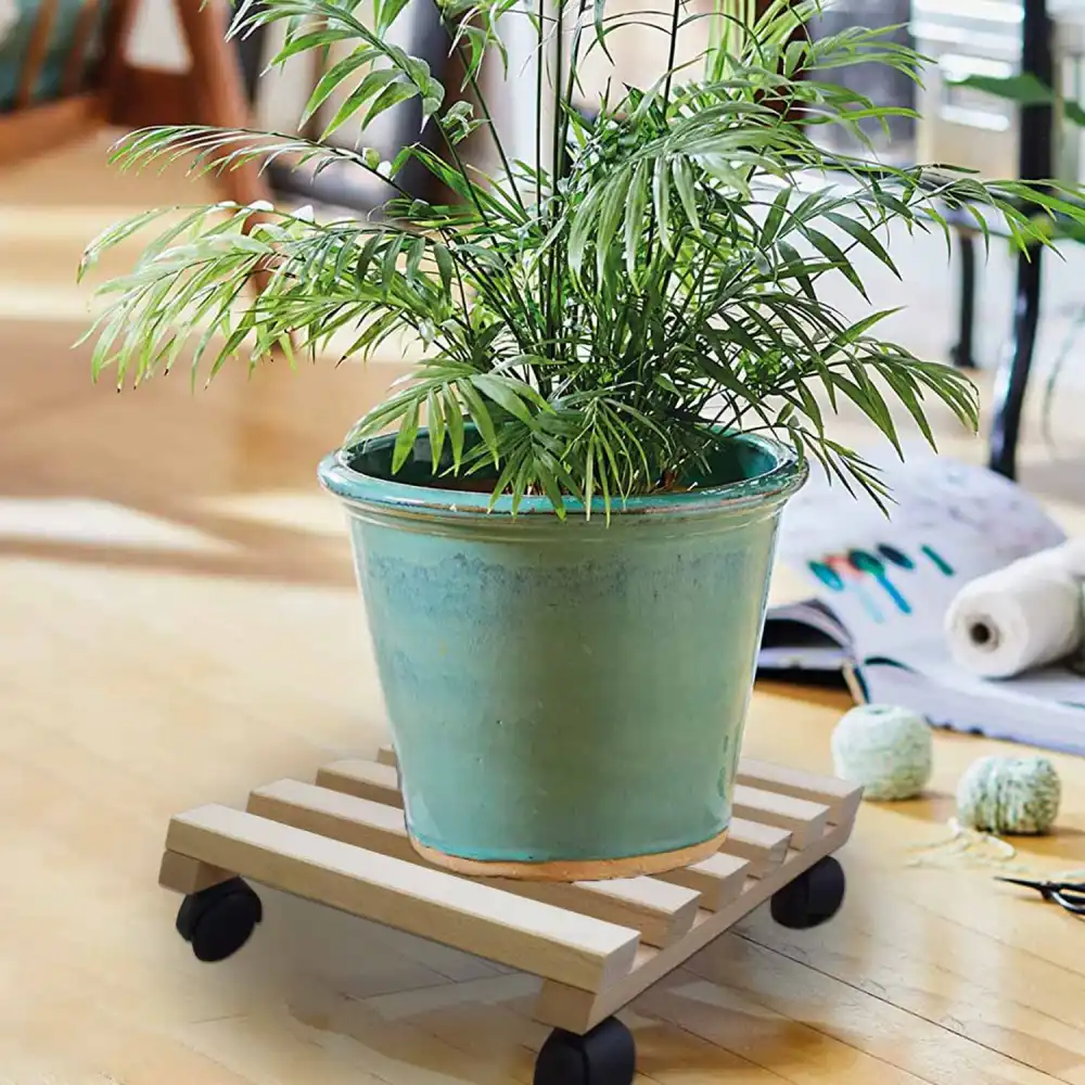 Carrello Quadrato Sottovaso in Legno Con 4 Ruote Per Fioriera Pedana 30 x 30 Cm