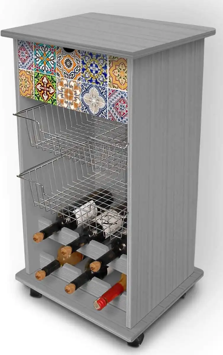 Carrello Cucina in Legno Portapane Grey Tiles con 2 Ripiani Portabottiglie