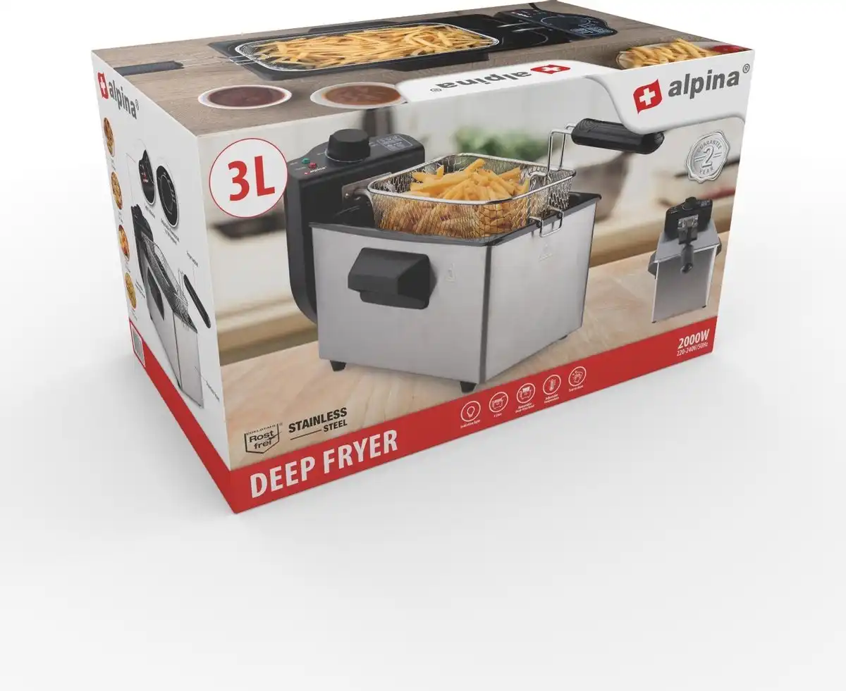Friggitrice Alpina 3 Litri in Acciaio Inox Con Manopola Termostato 2000W