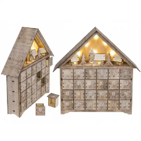 Calendario dell' Avvento in Legno 24 Cassetti con Decorazione Led Bianco