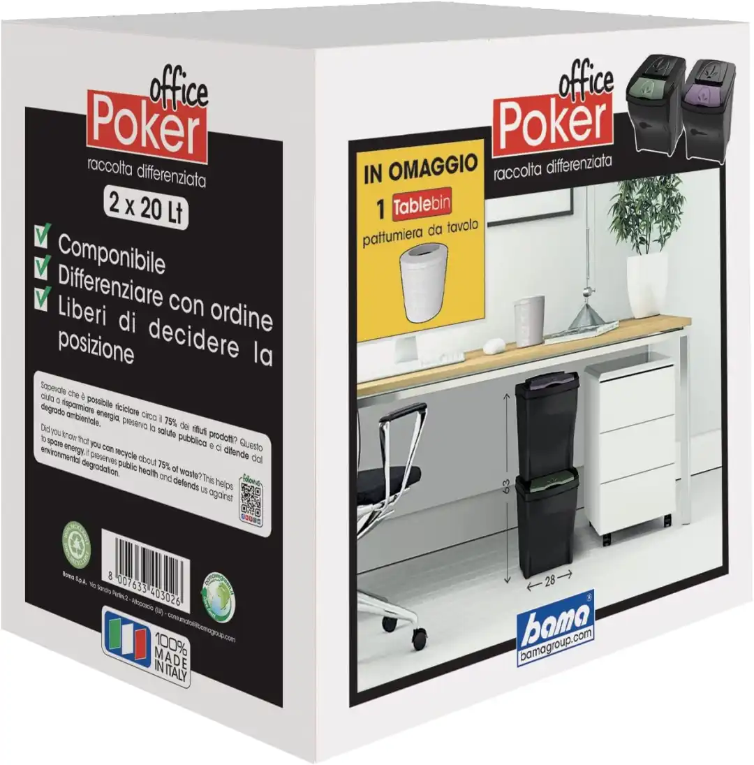Set Pattumiera Poker Office 2x20lt in Plastica Nera con Sportellini Colorati