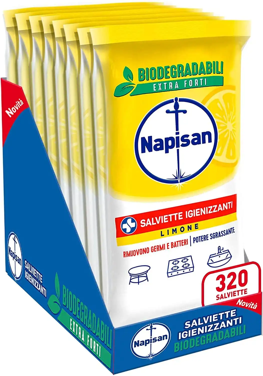 Confezione da 8x40 Napisan Salviette Igienizzanti Biodegradabili al Limone