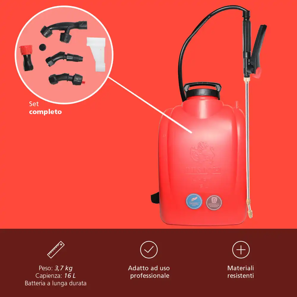 Pompa Zaino a Spalla 16 Lt Elettrica a Batteria Litio 8Ah Ultra Leggera 3,5 Kg