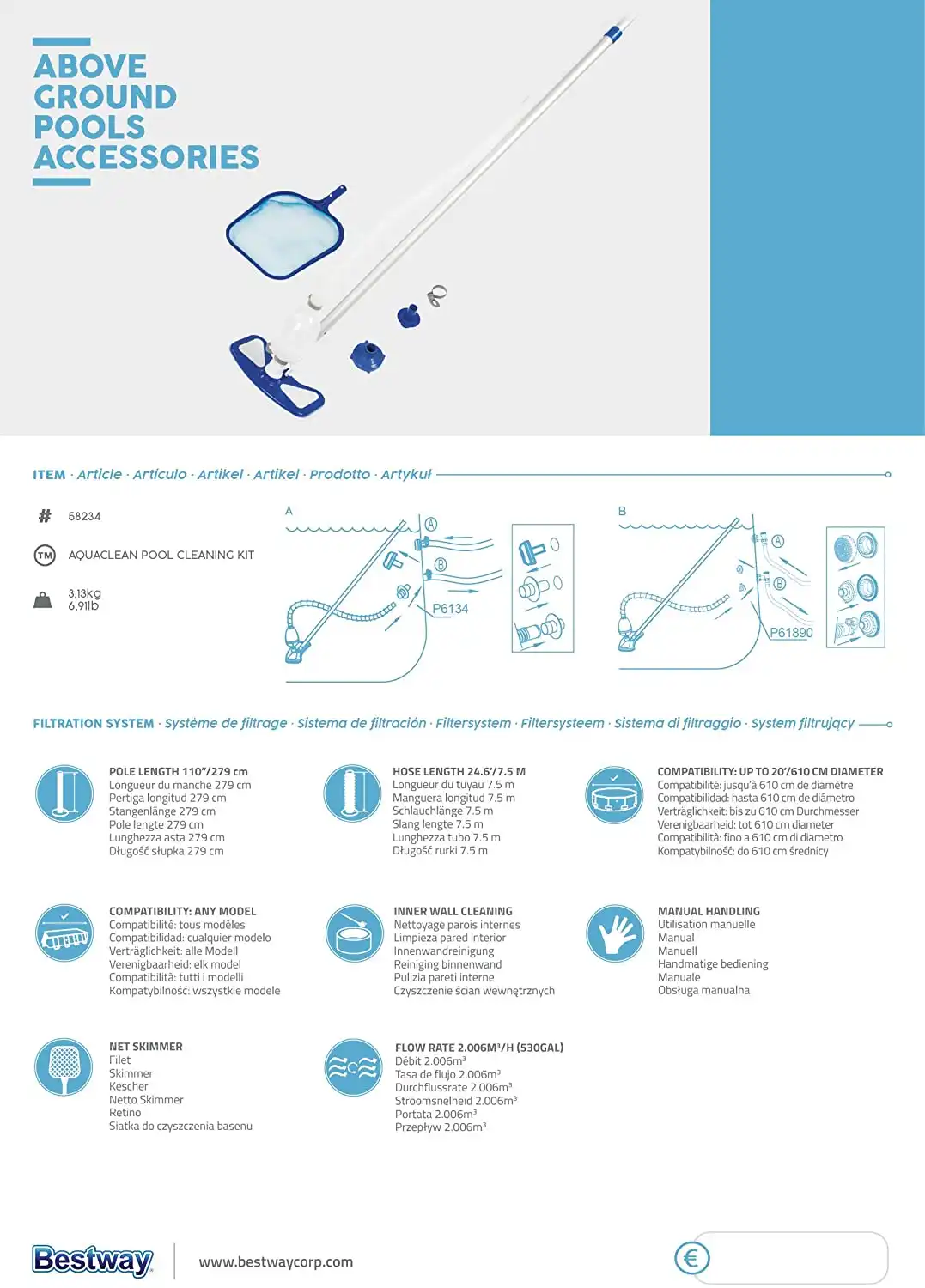 Sistema di Pulizia Aquaclean Kit di Manutenzione Piscine Fuori Terra Con Retino