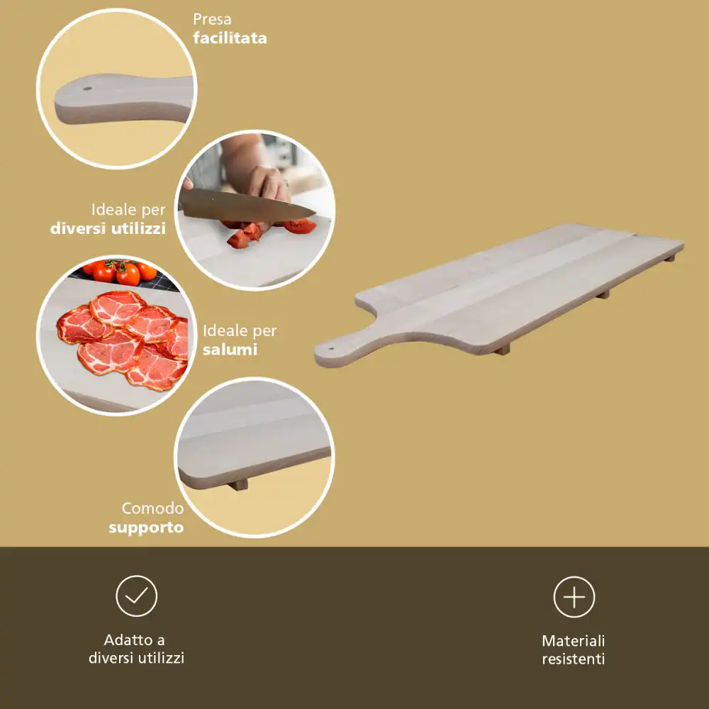 Tagliere Lungo Con Manico in Legno di Faggio 77x30 Cm Pizza e Antipasti