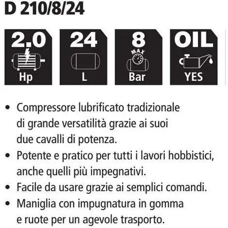 Compressore Aria Stanley D 210/8/24 24LT Lubrificato 2 HP 8 Bar