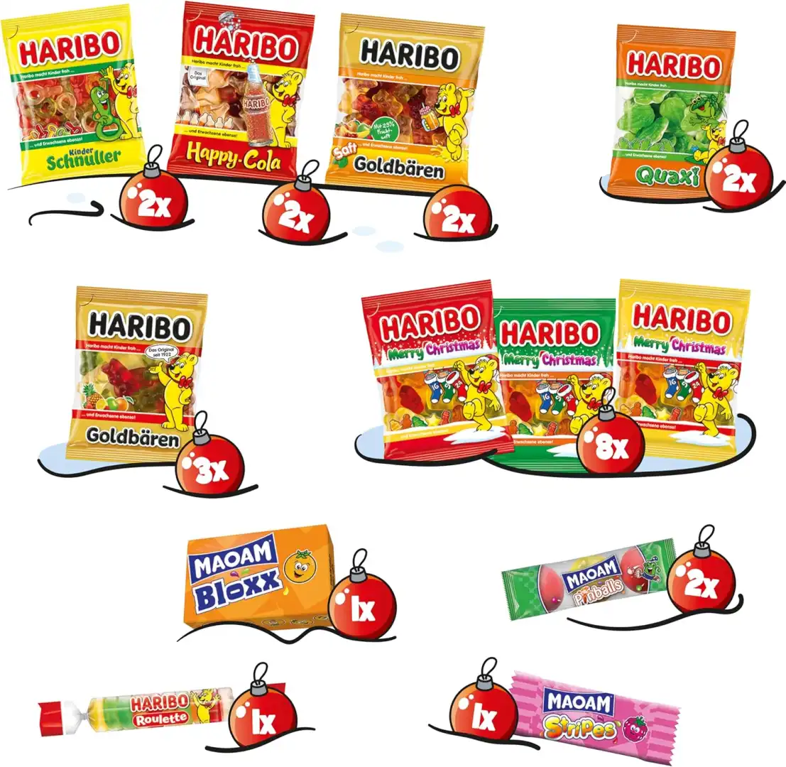 Haribo Calendario dell'Avvento 2024 24 Mini Bustine Assortite Gusto Frutta 300gr
